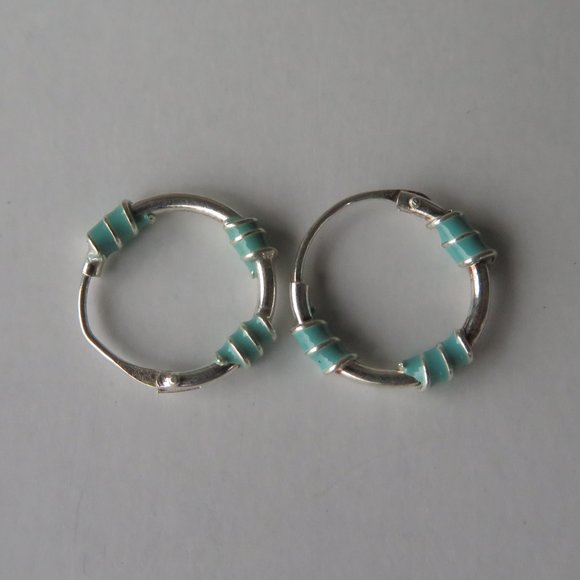 Sterling Silver Green Enamel Accents Hoops Huggies Earrings - Picture 6 of 12